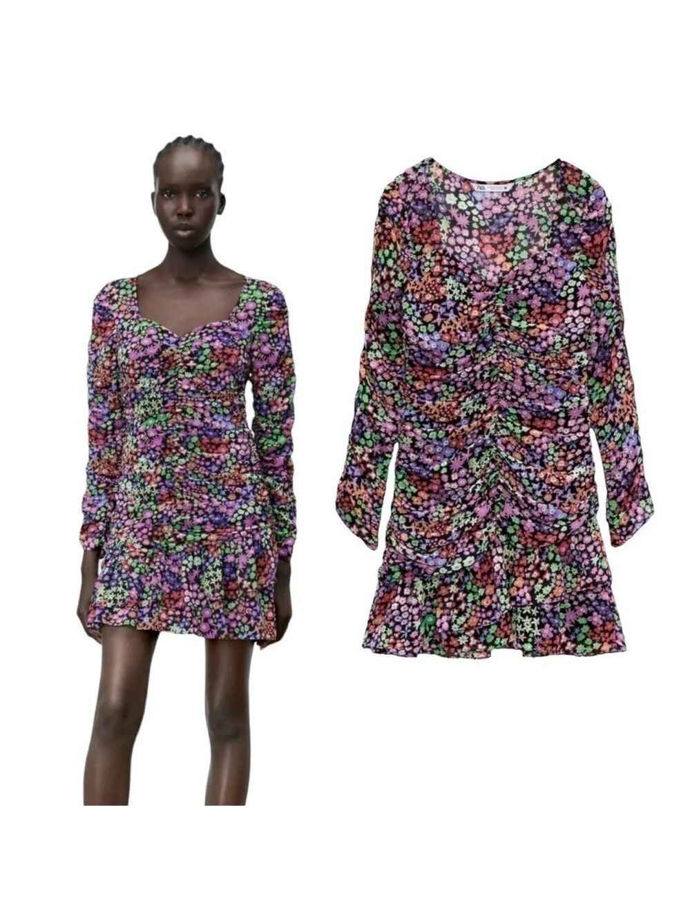 Zara multicoloured floral flower ruched ruffle frill long sleeve flare dress
